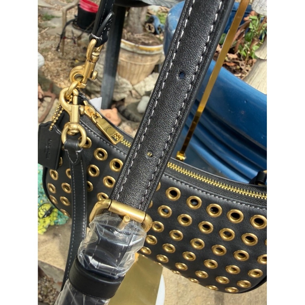 Coach Black Leather Grommet Shoulder Bag Gold Studs CY646 NWT - Picture 7 of 11